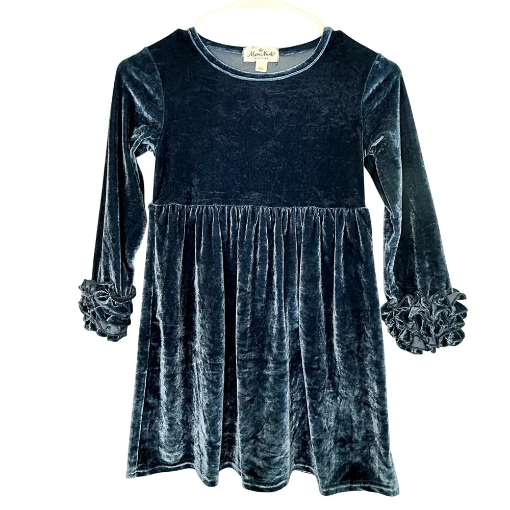 Marie Nicole Velvet Icing Ruffle Dress Kids Size 6 XXL Muted Navy Excellent